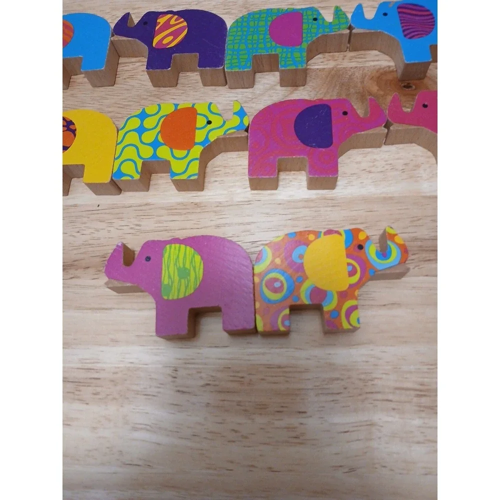 Set of 10 Mindware Wild Ways Wooden Elephants Stacking Game Colorful Patterns